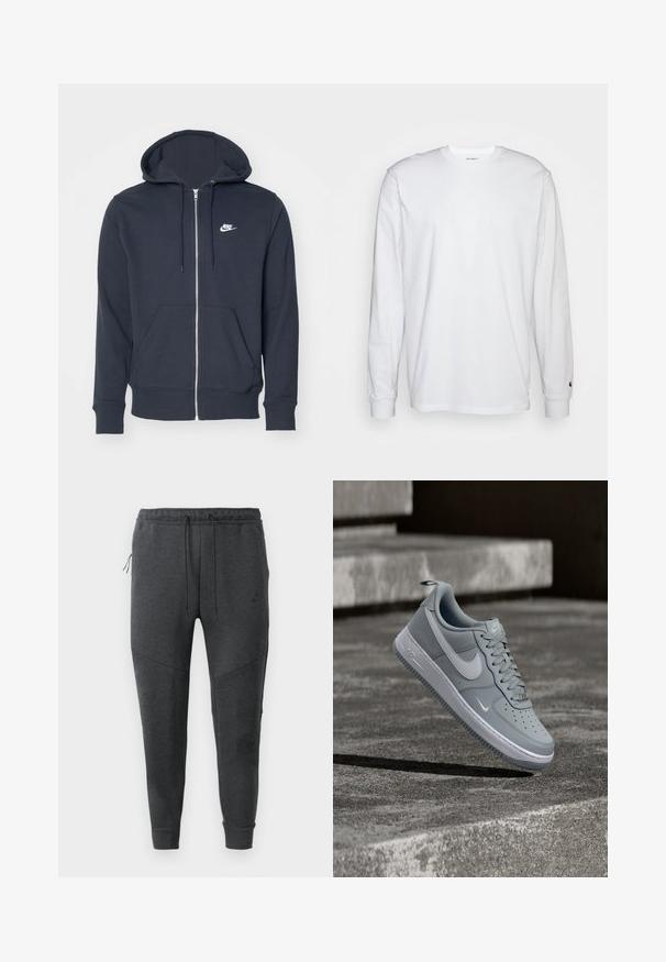 Mørkegrå zip-up hættetrøje lavet af blødt materiale. Har en frontlynlås, to frontlommer og et lille hvidt Nike-logo på brystet.; Hvid langærmet T-shirt lavet af bomuld. Rund halsudskæring med ribbede manchetter og et lille logo på venstre ærme. Glat tekstur.; Mørkegrå Nike joggerbukser med snøre i taljen, lynlåslomme på siden, afsmalnede ben og ribbede manchetter på en hvid baggrund.; Grå Nike Air Force 1 sneaker med hvid Swoosh-logo, svævende over en tekstureret betonoverflade med trapper i baggrunden.