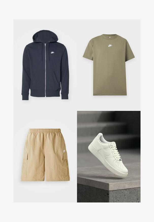 Sudadera con cremallera de color gris oscuro, fabricada en tela suave. Presenta una cremallera frontal, dos bolsillos delanteros y un pequeño logo blanco de Nike en el pecho.; Camiseta Nike de manga corta y cuello redondo en verde oliva con logo blanco en el pecho sobre un fondo liso gris claro.; Pantalones cortos de cargo beige con cintura elástica, bolsillos delanteros y un pequeño logo de Nike en blanco. Tejido ligero con una textura arrugada.; Zapatilla deportiva de cuero blanco con diseño de perfil bajo, superficie texturizada, perforaciones en la punta y detalles plateados en los cordones y la marca.