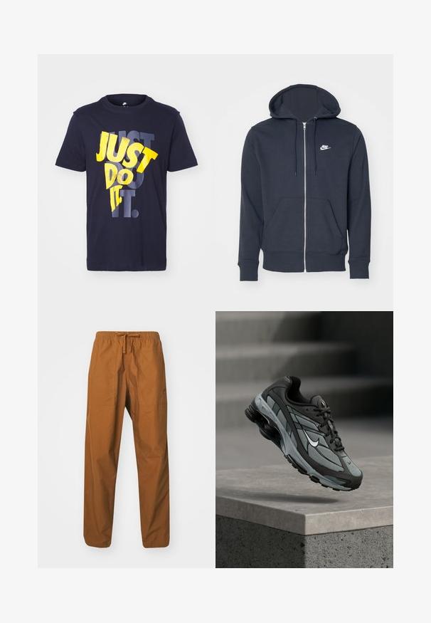 Sudadera con cremallera de color gris oscuro, fabricada en tela suave. Presenta una cremallera frontal, dos bolsillos delanteros y un pequeño logo blanco de Nike en el pecho.; Camiseta de algodón azul marino con la frase "JUST DO IT." en tipografía amarilla y gris en negrita. Diseño clásico de cuello redondo, con mangas cortas.; Pantalones marrones, ligeros, con cordón y cinturilla elástica, que cuentan con dos bolsillos laterales y una textura suave.; Zapatilla deportiva gris y negra con paneles de malla y suela gruesa, posicionada en el aire sobre un saliente de hormigón con escaleras de fondo.