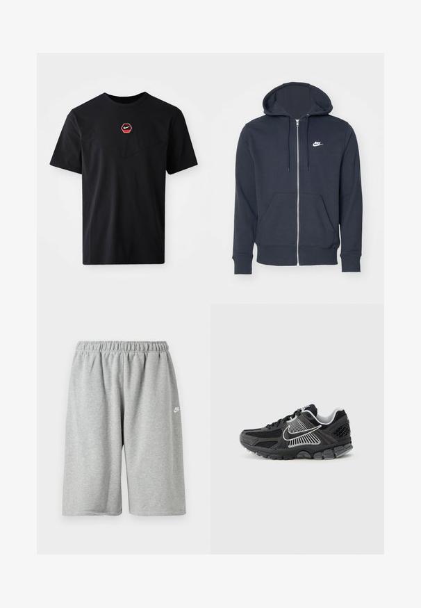 Tmavošedá mikina na zips vyrobená z jemnej textílie. Obsahuje predný zips, dve predné vrecká a malé biele logo Nike na hrudi.; Čierne tričko s krátkym rukávom z bavlny, s červeno-bielym šesťuholníkovým logom Nike na hrudi a zaobleným výstrihom.; Sivé bavlnené kraťasy s elastickým pásom, voľného strihu a malým bielym logom blízko lemu. Hladká textúra, dĺžka nad kolená.; Čierna športová obuv s panelmi z sieťoviny a syntetickými detailmi. Má zaoblenú špičku, hrubú odpruženú podrážku a kontrastné biele logo.