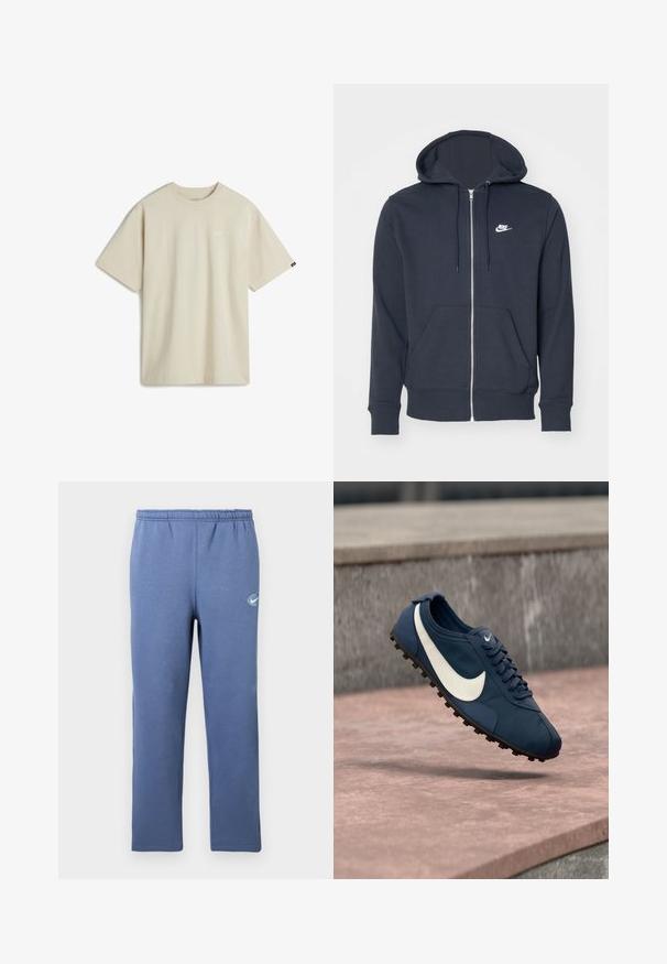 Dunkelgrauer Zip-Hoodie aus weichem Stoff. Mit einem Reißverschluss vorne, zwei Fronttaschen und einem kleinen weißen Nike-Logo auf der Brust.; Beige Baumwoll-T-Shirt mit kurzen Ärmeln, Rundhalsausschnitt und kleinem weißen Logo auf der Brust. Glatte Textur mit lässiger Passform.; Blaue Jogginghose mit elastischem Bund und kleinem weißem runden Logo an der oberen linken Oberschenkelseite, vor einem schlichten Hintergrund dargestellt.; Blauer Nike Sportschuh mit weißem Swoosh-Logo, schwarzer Stollensohle und Schnürsenkeln, schwebend über einer Steinoberfläche.