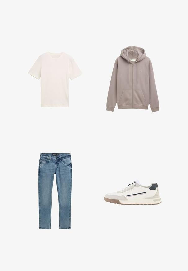 Grijze ritssluiting hoodie gemaakt van zachte stof, met een capuchon, voorzakken en een klein logo op de borst. Soepele textuur en casual ontwerp.; Korte mouw, ronde hals T-shirt in off-white katoen. Heeft een ontspannen pasvorm met een soepele textuur en geen opvallende patronen of accenten.; Lichtblauwe denim jeans met een slim fit, voorzien van vijf zakken, een ritssluiting en stikseldetails langs de naden.; Witte en beige sneaker met witte veters, bruine zool, zwarte hielpatch en zijstreepdetails in marineblauw en rood.