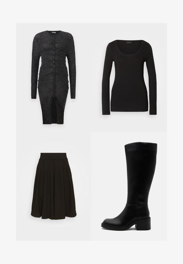 Dunkelgraues Strickkleid mit langen Ärmeln, strukturiertem Stoff, zentraler Knopfschluss und gerafften Seitendetails, die eine taillierte Silhouette schaffen.; Schwarzes langärmliges Oberteil mit Rundhalsausschnitt, aus weichem, dehnbarem Material gefertigt. Verfügt über eine taillierte Form und eine glatte Textur. Markenlabel sichtbar.; Schwarz gefaltetem Rock mit einem breiten, elastischen Bund. Hergestellt aus einem weichen Stoff, mit einem knielangen Saum und glatter Textur.; Hoher schwarzer Lederstiefel mit Blockabsatz und abgerundeter Spitze, Seitenansicht auf weißem Hintergrund.