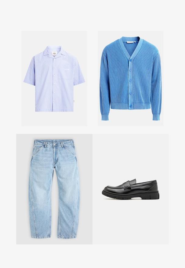 Cardigan bleu en maille côtelée avec des rayures verticales blanches, col en V, manches longues et cinq boutons bleus sur le devant.; Chemise à manches courtes bleu clair avec des rayures verticales blanches, une poche poitrine et un texte blanc discret.; Jean en denim bleu clair avec une coupe décontractée, fermeture devant par boutons et zip, poches avant inclinées et passants de ceinture.; Mocassin en cuir noir avec une large sangle sur le devant, semelle en caoutchouc à épaisse rainure, et texture lisse. Design classique et élégant.