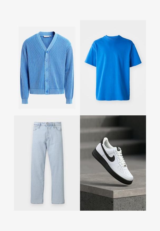 Cardigan bleu en maille côtelée avec des rayures verticales blanches, col en V, manches longues et cinq boutons bleus sur le devant.; T-shirt en coton bleu avec un col rond, des manches courtes et une coupe décontractée. Texture lisse et design simple sans motifs ni accents.; Jean droit en denim bleu clair avec fermeture par bouton et zip à l’avant, passants de ceinture et poches avant sur fond blanc.; Baskets en cuir blanc avec accents noirs, bout arrondi et détails perforés. Semelle en caoutchouc noire avec motif texturé et fermeture à lacets.