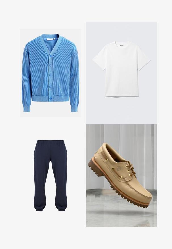 Cárdigan azul de punto acanalado con rayas verticales blancas, escote en V, mangas largas y cinco botones azules en la parte delantera.; Camiseta blanca de manga corta con cuello redondo, colocada plana, diseño liso, con etiqueta "WEEKDAY" en el interior del cuello sobre un fondo claro.; Pantalones sudadera azul marino con cintura elástica y puños ajustados, confeccionados en tela suave, sin patrones ni herrajes visibles.; Zapato náutico de cuero marrón claro con suela gruesa y estriada y detalles de cordones, flotando sobre un suelo de mármol y un fondo de persianas verticales blancas.