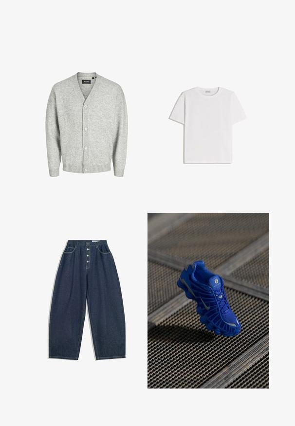 Lichtgrijze cardigan van zachte breikatoen met een V-hals, vijf knopen aan de voorkant en geribde mouwen en zoom.; Wit katoenen T-shirt met een ronde hals en korte mouwen. Heeft een klassieke, rechte pasvorm zonder zichtbare patronen of accenten.; Donkerblauwe denim brede broek met een hoge taille, vijfknopen sluiting en vijf zakken. Heeft stiksels op de naden.; Blauwe sportschoen met een bovenwerk van mesh, een gestructureerd ontwerp en een opvallende zool met duidelijke dempingselementen en reflecterende accenten.