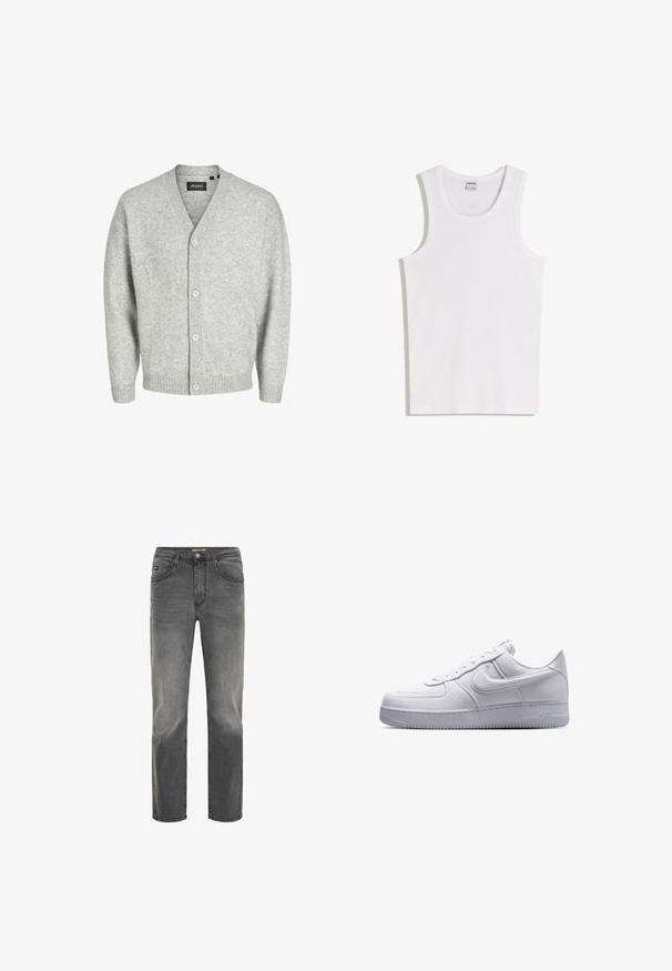 Lichtgrijze cardigan van zachte breikatoen met een V-hals, vijf knopen aan de voorkant en geribde mouwen en zoom.; Witte katoenen tanktop met een ronde halslijn en brede schouderbanden. Gladde textuur, geen patronen of accenten, eenvoudig ontwerp.; Grijze denim jeans met een rechte pasvorm, vijf zakken en een subtiele vervaagde afwerking. Voorzien van een knoop- en ritssluiting.; Witte lage Nike Air Force 1 sneaker met vetersluiting en een gestructureerde zool, zijaanzicht op een witte achtergrond.