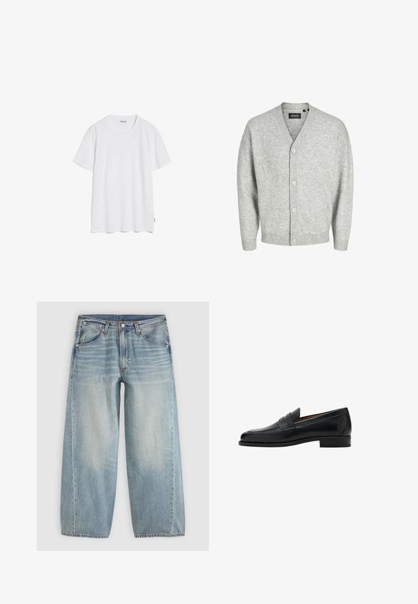 Lichtgrijze cardigan van zachte breikatoen met een V-hals, vijf knopen aan de voorkant en geribde mouwen en zoom.; Witte katoenen T-shirt met korte mouwen, een ronde halslijn en een rechte zoom. Geen zichtbare patronen of logo's. Zachte textuur.; Lichtblauwe wijde spijkerbroek met steekzakken, riemlussen, knoopsluiting en subtiele vervaging op de bovenbenen tegen een effen achtergrond.; Zwarte leren penny loafer met lage hak, afgeronde neus en een band over het bovenste deel van de schoen.