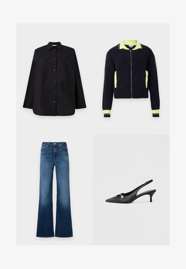 Pull côtelé bleu marine à fermeture éclair, avec col, bords de poche et accents aux poignets en jaune néon, présenté sur un fond clair uni.; Chemise noire à manches longues en tissu lisse. Présente un col, une poche poitrine unique et un ourlet droit.; Jean évasé bleu en denim, avec une taille mi-haute, cinq poches, des surpiqûres contrastantes et une finition légèrement délavée.; Chaussures slingbacks en cuir noir avec un bout pointu, un talon incurvé et un bouton accent doré sur le côté. Texture lisse et design minimaliste.