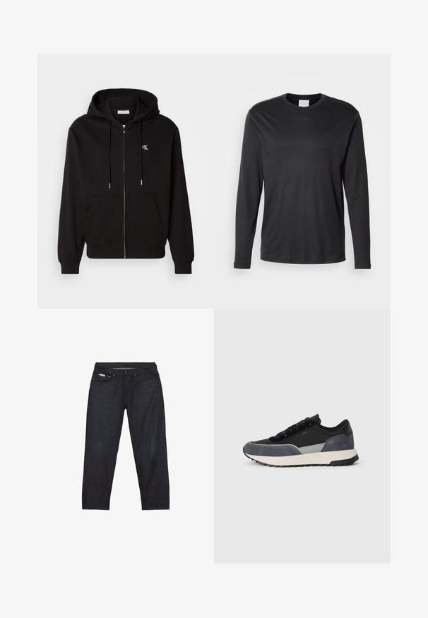 Sudadera con cremallera negra hecha de una tela suave. Cuenta con una capucha con cordón, bolsillos frontales y un pequeño logotipo bordado en el pecho.; Camisa negra de manga larga y cuello redondo de Calvin Klein con pequeño logo CK en el lado izquierdo del pecho, mostrada sobre un fondo blanco liso.; Pantalones vaqueros de mezclilla azul oscuro con corte recto, que cuentan con cinco bolsillos y detalles de costuras mínimas para un aspecto limpio.; Zapatillas con cordones que presentan una mezcla de tela negra, acentos de ante gris y una gruesa suela intermedia blanca con banda de goma negra.