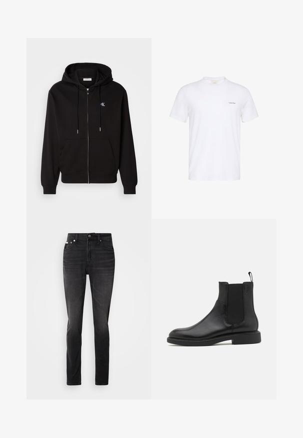 Μαύρη φούτερ hoodie με φερμουάρ, κατασκευασμένη από μαλακό ύφασμα. Διαθέτει κουκούλα με κορδόνι, μπροστινές τσέπες και ένα μικρό κεντητό λογότυπο στο στήθος.; Λευκό κοντομάνικο μπλουζάκι με στρογγυλή λαιμόκοψη και μικρό μαύρο λογότυπο Calvin Klein στο αριστερό στήθος.; Μαύρα τζιν παντελόνια από τζιν ύφασμα με στενή εφαρμογή, πέντε τσέπες και κλείσιμο με κουμπί. Διαθέτουν μια ήπια φθορά και ραφές στις τσέπες.; Μαύρο δερμάτινο μποτάκι αστραγάλου με λεία υφή, ελαστικές πλευρικές πάνελ και λαβή. Στρογγυλή μύτη και επίπεδη ελαστική σόλα με ελάχιστο προφίλ.