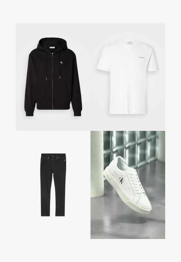 Schwarze Zip-Hoodie aus weichem Material. Mit einer Kapuze mit Kordelzug, Fronttaschen und einem kleinen gestickten Logo auf der Brust.; Weißes Baumwoll-T-Shirt mit kurzen Ärmeln und Rundhalsausschnitt. Mit einem kleinen schwarzen "Calvin Klein"-Logo auf der linken Brust.; Schwarze Denim-Jeans mit schmaler Passform, ausgestattet mit vier Taschen, einem Metallknopfverschluss und leichten Used-Details. Glatte Textur und klassisches Design.; Weißer Calvin Klein Sneaker mit Schnürsenkeln, schwebend über einem polierten Betonboden und einer Glasbausteinwand im Hintergrund dargestellt.