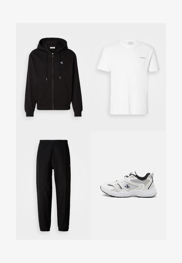 Sudadera con cremallera negra hecha de una tela suave. Cuenta con una capucha con cordón, bolsillos frontales y un pequeño logotipo bordado en el pecho.; Camiseta de algodón blanca con mangas cortas y un escote en forma de cuello redondo. Presenta un pequeño logotipo negro de "Calvin Klein" en el lado izquierdo del pecho.; Pantalones de chándal negros con cintura elástica, piernas ajustadas y dobladillos. Textura de tela suave. Detalle del logo en un lado.; Zapatillas deportivas blancas con parte superior de malla, acentos negros y una suela gruesa. Presentan un logotipo en el lateral y un cierre con cordones.