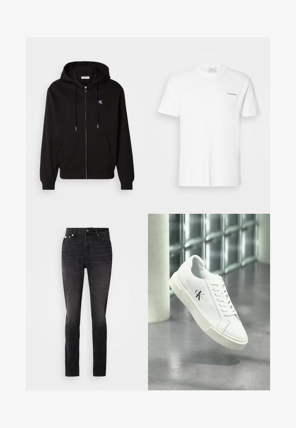 Zwarte zip-up hoodie gemaakt van zachte stof. Heeft een verstelbare capuchon, voorzakken en een klein geborduurd logo op de borst.; Witte katoen T-shirt met korte mouwen en een ronde hals. Bevat een klein zwart "Calvin Klein" logo op de linkerborst.; Zwarte denim jeans met een slim fit, vijf zakken ontwerp en knoopsluiting. Kenmerkt zich door een subtiele vervaging en stikselaccenten op de zakken.; Witte Calvin Klein sneaker met veters, zwevend getoond boven een gepolijste betonnen vloer en een achtergrond van glasblokken.