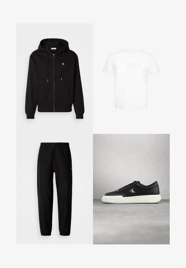 Μαύρη φούτερ hoodie με φερμουάρ, κατασκευασμένη από μαλακό ύφασμα. Διαθέτει κουκούλα με κορδόνι, μπροστινές τσέπες και ένα μικρό κεντητό λογότυπο στο στήθος.; Λευκό κοντομάνικο T-shirt με στρογγυλή λαιμόκοψη και μικρό κεντητό λογότυπο "ck" στο αριστερό στήθος.; Μαύρα φόρμας με ελαστική μέση, στενές καμπάνες και μανσέτες. Απαλή υφή υφάσματος. Λογότυπο στο πλάι.; Μαύρο δερμάτινο αθλητικό παπούτσι με λευκή σόλα και λογότυπο "cK", εμφανίζεται στον αέρα μπροστά από τσιμεντένιο δάπεδο και τοίχο από γυάλινους κύβους.