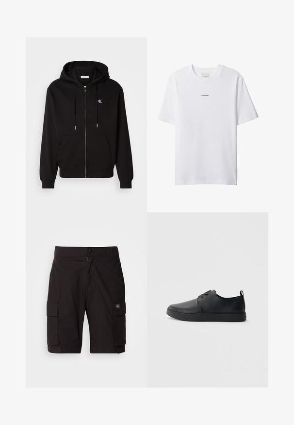 Haut à capuche zippé noir en tissu doux. Comprend une capuche avec cordon de serrage, des poches avant et un petit logo brodé sur la poitrine.; T-shirt blanc en coton avec un col rond et des manches courtes. Présente un petit logo noir "Calvin Klein" centré sur la poitrine.; Bermudas cargo noires en tissu léger. Dotées d'une fermeture à bouton et à zip, de deux poches cargo sur les côtés et de détails cousus.; Baskets en cuir noir avec une finition lisse, bout arrondi, coutures ton sur ton, devant à lacets et semelle plate en caoutchouc. Anse au talon.