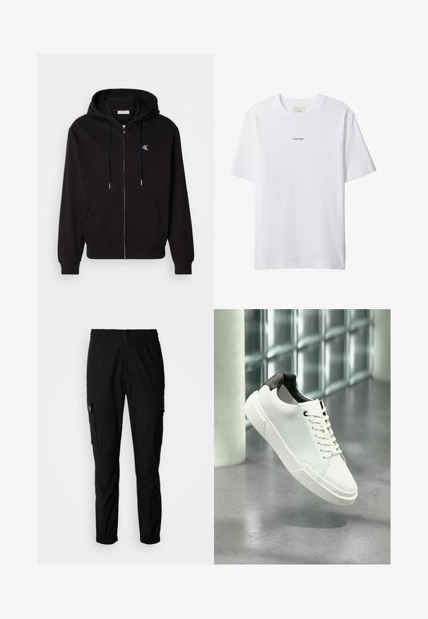 Sort zip-up hoodie lavet af blødt stof. Har en hætte med snore, frontlommer og et lille broderet logo på brystet.; Hvid bomuld t-shirt med rund hals og korte ærmer. Har en lille sort "Calvin Klein"-logo centreret på brystet.; Sorte cargo bukser lavet af stof, med elastisk talje, knaplukning og flere sidelommer med klapper.; Hvid lav tå-sneaker med sort struktureret hælfane, hvide snørebånd og tyk sål på en poleret betongulv nær glasblokke.