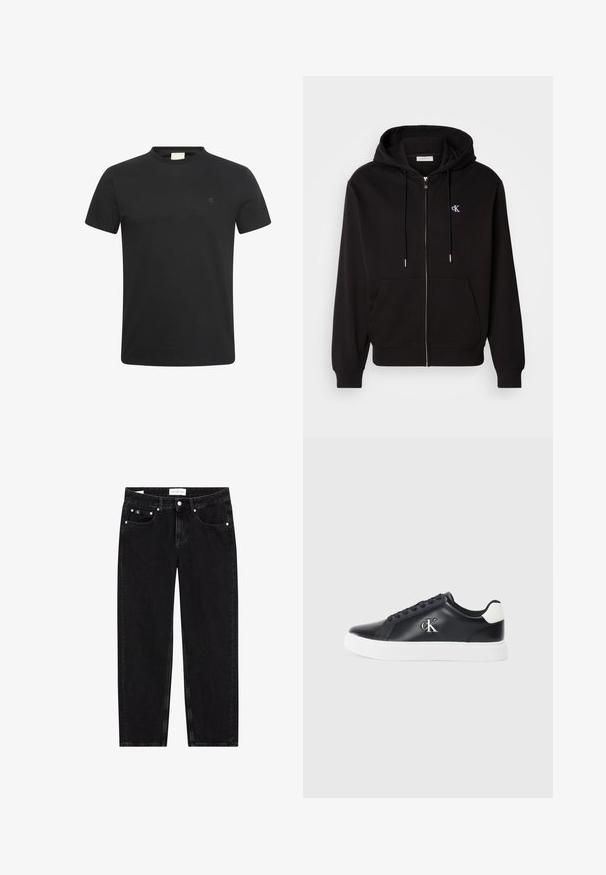 Schwarze Zip-Hoodie aus weichem Material. Mit einer Kapuze mit Kordelzug, Fronttaschen und einem kleinen gestickten Logo auf der Brust.; Schwarzes T-Shirt mit kurzen Ärmeln und Rundhalsausschnitt mit kleinem, dezentem "cK" Logo auf der linken Brust.; Schwarze Denim-Jeans mit geradem Bein, leicht distressed Textur, fünf Taschen und silbernen Hardware-Details. Etikett am Bund.; Schwarze Ledersneaker mit weißer Sohle, runder Spitze, fünf Ösen und einem silbernen Logo "cK" an der Außenseite. Texturiertes weißes Fersenakzent.
