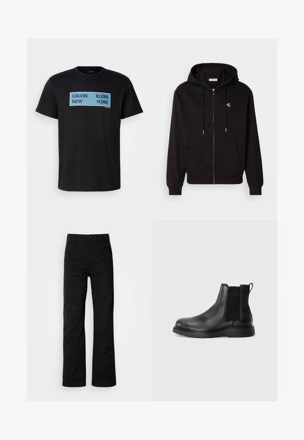 Sort zip-up hoodie lavet af blødt stof. Har en hætte med snore, frontlommer og et lille broderet logo på brystet.; Sort bomulds T-shirt med fed blå og sort tekst: "CALVIN NEW KLEIN YORK" på forsiden. Klassisk crew neck design, korte ærmer.; Sort bomuldsbukser med lige ben, der har knaplukning og bæltestropper. Glat tekstur og minimalistisk stil uden synlige mønstre.; Sorte læder chelsea støvler med tekstureret finish, elastiske sidepaneler og en robust gummisål. Subtil branding på hælen.