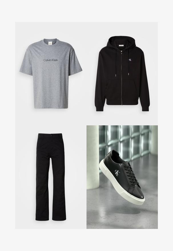 Zwarte zip-up hoodie gemaakt van zachte stof. Heeft een verstelbare capuchon, voorzakken en een klein geborduurd logo op de borst.; Grijze katoenen t-shirt met korte mouwen, ronde halslijn en een geprinte "Calvin Klein" logo in een donkerdere tint over de borst.; Zwarte katoenen broek met een recht design, voorzien van een knoopsluiting en riemlussen. Gladde textuur en minimalistische stijl zonder zichtbare patronen.; Zwarte leren sneaker met een witte rubberen zool en het "CK Calvin Klein" logo aan de zijkant, getoond tegen een achtergrond van betegeld glas.