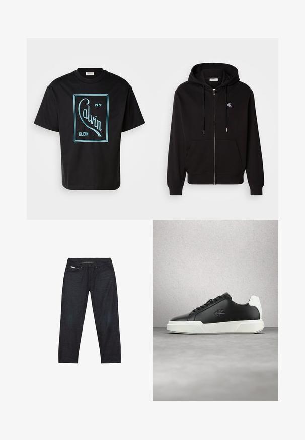 Schwarze Zip-Hoodie aus weichem Material. Mit einer Kapuze mit Kordelzug, Fronttaschen und einem kleinen gestickten Logo auf der Brust.; Schwarzes Baumwoll-T-Shirt mit einem auffälligen türkisen Grafikdesign, das "Calvin Klein NY" innerhalb eines rechteckigen Rahmens zeigt. Mit kurzen Ärmeln.; Dunkelblaue Jeans aus Denim mit geradem Bein, ausgestattet mit fünf Taschen und minimalen Nahtdetails für ein sauberes Aussehen.; Schwarzer Ledersneaker mit rundem Zehenbereich, weißer Gummisohle und schwarzen Schnürsenkeln. Mit einem Logo an der Seite und einem kontrastierenden weißen Fersenakzent.