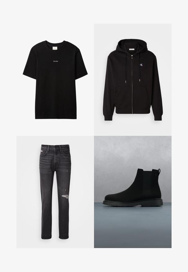 Zwarte zip-up hoodie gemaakt van zachte stof. Heeft een verstelbare capuchon, voorzakken en een klein geborduurd logo op de borst.; Zwart katoenen T-shirt met een ronde hals en korte mouwen. Voorzien van een klein wit "Calvin Klein" logo op de voorkant. Glad oppervlak, klassieke pasvorm.; Zwarte denim jeans met een rechte pijp, verwerkte details bij de knie, vijf-pocket styling en een subtiele vervaagde afwerking.; Zwarte enkelboot van soepel materiaal met subtiele stiksels, een rubberen zool en een slank ontwerp, gepositioneerd boven een houten textuur.
