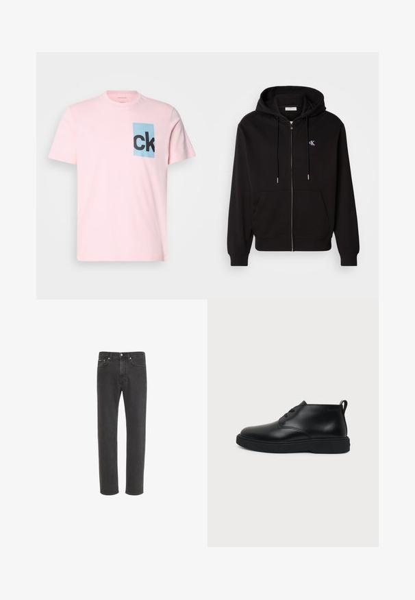 Sort zip-up hoodie lavet af blødt stof. Har en hætte med snore, frontlommer og et lille broderet logo på brystet.; Lyserød bomulds T-shirt med en blå rektangulær lap med sort "ck" bogstaver. Korte ærmer og rund halsudskæring. Glat tekstur.; Sorte jeans med lige ben i denim med knap- og lynlås-lukning foran, for- og baglommer, vist på hvid baggrund.; Sort læder ankelhøj snørestøvle med tyk gummisål og trækskede ved hælen, vist i sideprofil på en ensfarvet baggrund.