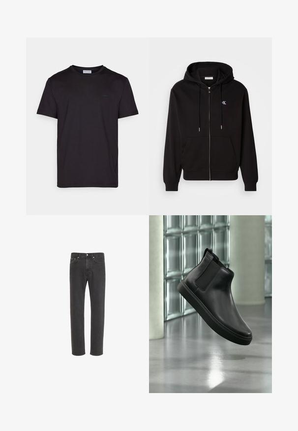 Μαύρη φούτερ hoodie με φερμουάρ, κατασκευασμένη από μαλακό ύφασμα. Διαθέτει κουκούλα με κορδόνι, μπροστινές τσέπες και ένα μικρό κεντητό λογότυπο στο στήθος.; Μαύρο κοντομάνικο T-shirt από απαλό βαμβάκι, με στρογγυλή λαιμόκοψη και διακριτική ετικέτα λογότυπου στο στήθος. Απλός και λιτός σχεδιασμός.; Μαύρο τζιν με ίσια γραμμή, με μπροστινό κούμπωμα με κουμπιά και φερμουάρ, μπροστινές και πίσω τσέπες, παρουσιασμένο σε λευκό φόντο.; Μαύρο δερμάτινο μποτάκι αστραγάλου με ελαστικά πλαϊνά πάνελ να αιωρείται πάνω από γυαλισμένο τσιμεντένιο δάπεδο και γυάλινους κύβους στο φόντο.