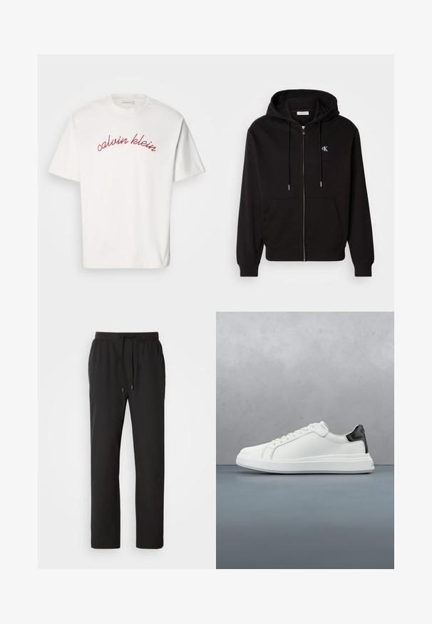 Schwarze Zip-Hoodie aus weichem Material. Mit einer Kapuze mit Kordelzug, Fronttaschen und einem kleinen gestickten Logo auf der Brust.; Weißes Baumwoll-T-Shirt mit kurzen Ärmeln, das mit kurvenförmigem, rotem gesticktem Text "calvin klein" auf der Brust versehen ist. Klassisches Rundhals-Design.; Schwarze Jogginghosen aus leichtem Stoff, mit einem elastischen Bund und verstellbaren Kordeln sowie Seitentaschen. Glatte Textur.; Weiße Sneaker mit einem glatten Obermaterial aus Leder und einem kontrastierenden schwarzen Fersenakzent. Ausgestattet mit flachen Schnürsenkeln und einer strukturierten Gummisohle.