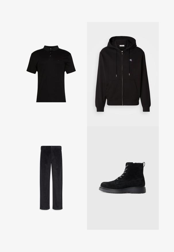 Zwarte zip-up hoodie gemaakt van zachte stof. Heeft een verstelbare capuchon, voorzakken en een klein geborduurd logo op de borst.; Zwart poloshirt van glad materiaal, met een kraag, een knoopsluiting met drie knopen en een klein logo op de linkerborst.; Zwarte corduroy broek met rechte pijpen, knoop- en ritssluiting, riemlussen en zijzakken.; Zwarte suède enkellaarsjes met een gestructureerde oppervlakte, ronde neus, grijze veters en een stevige zwarte zool. Voorzien van een klein lusje achteraan.