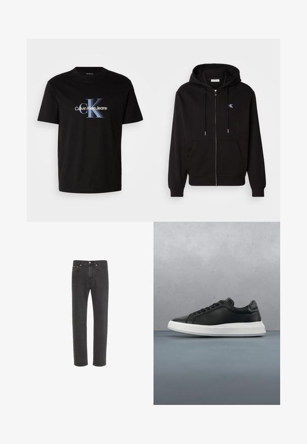 Sudadera con cremallera negra hecha de una tela suave. Cuenta con una capucha con cordón, bolsillos frontales y un pequeño logotipo bordado en el pecho.; Camiseta de algodón negra con un destacado logo "CK" en azul y blanco y el texto "Calvin Klein Jeans" debajo, de mangas cortas y con cuello redondo.; Vaqueros negros de corte recto con cierre delantero de botón y cremallera, bolsillos delanteros y traseros, mostrados sobre fondo blanco.; Deportivas de cuero negro con un acabado suave, suela de goma blanca, forma redondeada, seis ojales para los cordones y un diseño sutil en el talón.