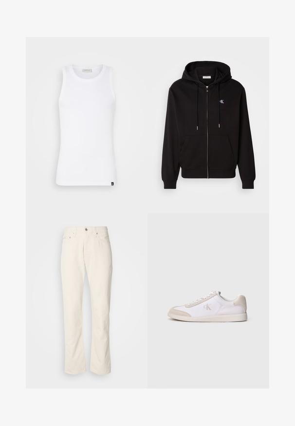 Sort zip-up hoodie lavet af blødt stof. Har en hætte med snore, frontlommer og et lille broderet logo på brystet.; Hvid ærmeløs tanktop lavet af ribbet stof med rund halsudskæring og et lille logo-tag ved kanten. Glat tekstur og tætsiddende design.; Beige bomuldsjeans med et klassisk lige ben-design, der har en forreste knaplukning, fem lommer og diskrete syninger.; Hvid og beige lavsko med snørelukning foran, ruskindsdetaljer og "cK" logo på siden, vist i profil mod en ensfarvet baggrund.