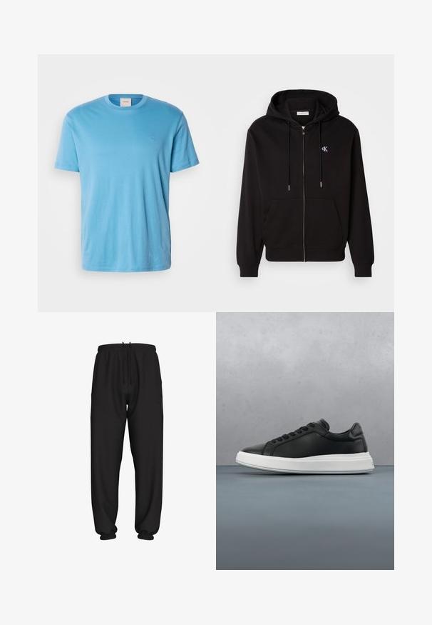Μαύρη φούτερ hoodie με φερμουάρ, κατασκευασμένη από μαλακό ύφασμα. Διαθέτει κουκούλα με κορδόνι, μπροστινές τσέπες και ένα μικρό κεντητό λογότυπο στο στήθος.; Μπλε ανοιχτό κοντομάνικο βαμβακερό μπλουζάκι με στρογγυλή λαιμόκοψη και μικρό, κεντημένο λογότυπο στο στήθος. Λείος υφασμάτινος χαρακτήρας, κανονική εφαρμογή.; Μαύρο φαρδύ παντελόνι φόρμας με ελαστική μέση και μανσέτες, με ρυθμιζόμενο κορδόνι στη μέση.; Μαύρα δερμάτινα αθλητικά παπούτσια με λεία υφή, λευκή καουτσούκ σόλα, στρογγυλή μορφή, έξι οπές για κορδόνια και διακριτική σήμανση πίσω.