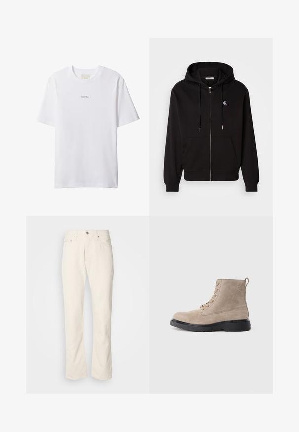Sort zip-up hoodie lavet af blødt stof. Har en hætte med snore, frontlommer og et lille broderet logo på brystet.; Hvid bomuld t-shirt med rund hals og korte ærmer. Har en lille sort "Calvin Klein"-logo centreret på brystet.; Beige bomuldsjeans med et klassisk lige ben-design, der har en forreste knaplukning, fem lommer og diskrete syninger.; Beige ruskindsankelstøvler med sort gummisål, snørelukning og et lille logo præget på siden, med en løftestrop bagpå.