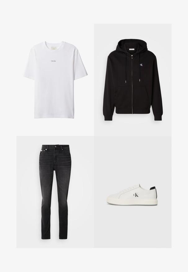 Sort zip-up hoodie lavet af blødt stof. Har en hætte med snore, frontlommer og et lille broderet logo på brystet.; Hvid bomuld t-shirt med rund hals og korte ærmer. Har en lille sort "Calvin Klein"-logo centreret på brystet.; Sorte denim jeans med slim fit, fem-lomme design og knaplukning. Har en diskret falmning og syning detaljer på lommerne.; Hvide lædersneakers med rund tå, flad gummisål og sort hælaccent. Har et fremtrædende sort Calvin Klein-logo på siden.