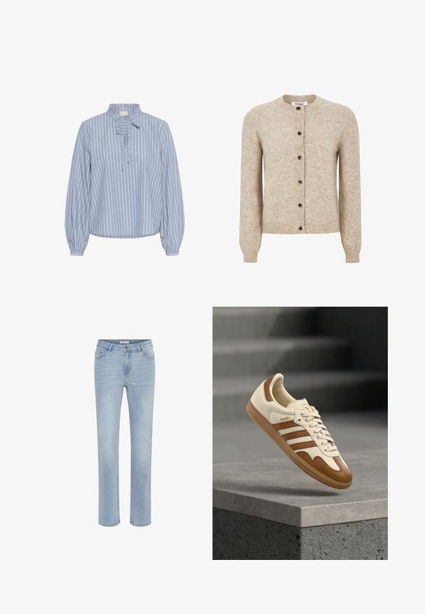 Beige gebreide button-up cardigan met lange mouwen en ribgebreide boorden en zoom, met een ronde halslijn en bruine knopen.; Kaffe KAMILINA - Blouse - windward blue melange stripe; Lichtblauwe rechte jeans met een sluiting met knoop en rits aan de voorkant, voor- en achterzakken, en een normale taille.; Klassieke sneaker met een crème kleurige leren bovenkant, bruine accenten, drie strepen en een textuurrijke gumzool. Voorzien van een afgeronde neus en vetersluiting.