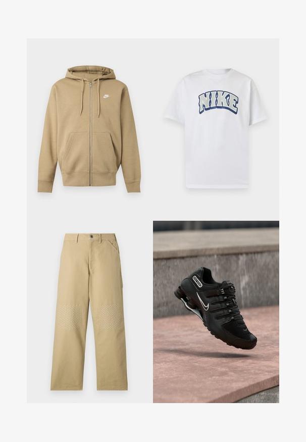 Beež värvi kapuutsiga lukuga dressipluus esitaskute, reguleeritavate kapuutsinarude ja valge Nike logoga vasakul rinnal.; Valge lühikeste varrukatega T-särk, millel on suur kaarduv "NIKE" tekst jämedate, ääristatud tähtedega, rinna keskel.; Khaki puuvillased püksid, sirge jala disainiga, millel on valge ristpatterndega õmblused põlveplekkidel ning ees nööbid.; Must Nike Shox jooksujalats valge Swooshi logoga, õhus roosakat tooni betoonpinna kohal, halli kiviseina taustal.