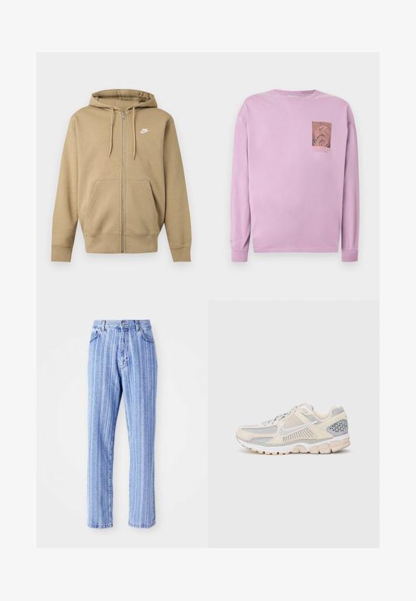 Béžová mikina na zips s kapucňou, prednými vreckami, nastaviteľnými šnúrkami na kapucni a bielym logom Nike na ľavej strane hrudníka.; Levanduľová košeľa s dlhým rukávom s malou grafikou a textom na ľavej strane hrudníka, zobrazujúca zložitý kruhový dizajn.; Svetlomodré džínsy s vertikálnymi bielymi pruhmi, rovný strih, päť vreciek a zapínanie na gombík v páse.; Ľahká bežecká obuv s béžovým a šedým sieťovaným zvrškom, štruktúrovanými prekrytiami, bielym logom a polstrovanou podrážkou. Ozdobená priedušnými panelmi.
