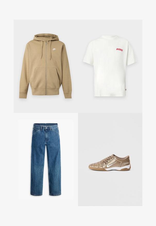 Sweat à capuche beige à fermeture éclair avec poches avant, cordons de capuche ajustables et logo Nike blanc sur la poitrine gauche.; T-shirt blanc en coton à manches courtes, avec un petit logo rouge "DICKIES" sur la partie gauche de la poitrine. Design décontracté et coupe ample.; Jean en denim bleu à jambes droites avec poches avant, passants pour ceinture, bouton métallique et fermeture éclair sur fond blanc.; Chaussures de football Nike Total 90 III en or métallique avec un swoosh blanc, présentant une texture lisse, un design à lacets et une semelle en caoutchouc.