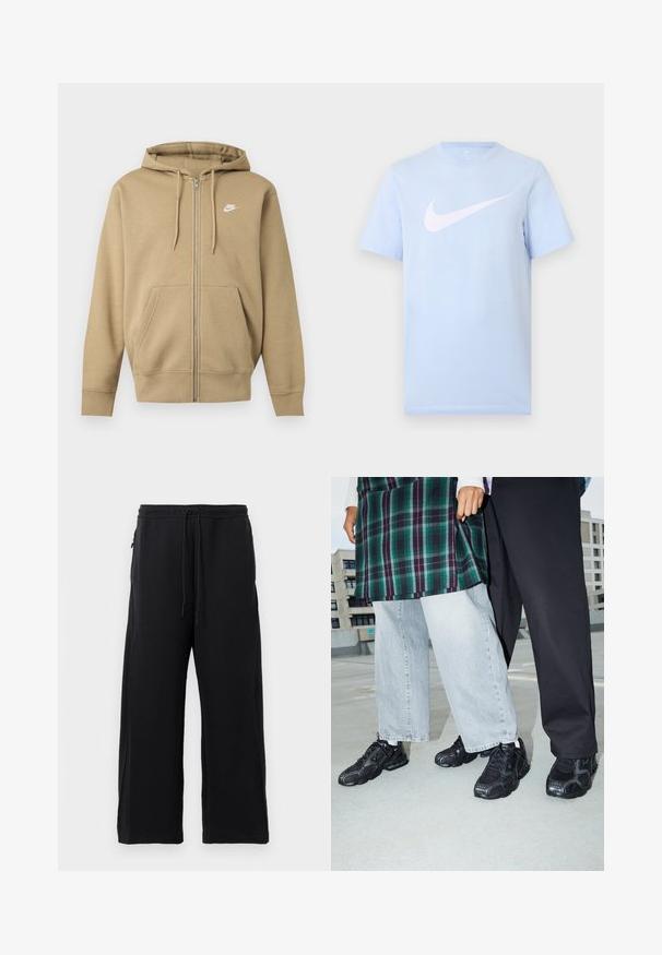 Beež värvi kapuutsiga lukuga dressipluus esitaskute, reguleeritavate kapuutsinarude ja valge Nike logoga vasakul rinnal.; Hele sinine lühikeste varrukatega T-särk, mille ees on keskel suur valge Nike Swoosh logo, taust on ühevärviline.; Mustad mustad, pehmest kangast, tõmbluku ülesehitusega, laiad jalad ja küljetaskud, mis omavad siledat tekstuuri.; Mustad mustad jalanõud, millel on võrkkangast ja kummist aktsendid. Kannab heledat halli laiade jalgadega teksapükse ja ruudulist rohelisest topi. Lame pind taust.