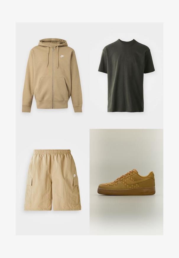 Beiger Hoodie mit Reißverschluss, Fronttaschen, verstellbaren Kapuzenbändern und weißem Nike-Logo auf der linken Brust.; Dunkelgrünes T-Shirt aus weichem Stoff, mit Rundhalsausschnitt und kurzen Ärmeln. Gesticktes "nike"-Logo in einem etwas dunkleren Grün.; Beige Cargo-Shorts mit elastischem Bund, Seitentaschen und kleinem weißen Nike-Logo. Leichter Stoff mit zerknitterter Textur.; Niedriger, hellbrauner Sneaker mit gewebtem Leder-Muster an der Seite und an der Spitze, dicker Sohle, Schnürsenkeln und Nike-Logo an der Seite und an der Ferse.