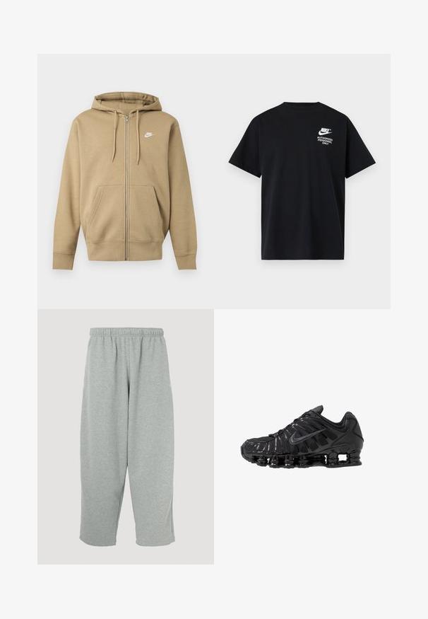 Béžová mikina na zips s kapucňou, prednými vreckami, nastaviteľnými šnúrkami na kapucni a bielym logom Nike na ľavej strane hrudníka.; Čierne tričko Nike s krátkym rukávom, s bielym textom "Authorized Personnel Only" a logom na hornej ľavej časti hrude.; Svetlosivé tepláky s elastickým pásom, zúženým strihom nohavíc a mäkkou textúrou. Bez viditeľného loga alebo vzorov.; Čierne športové topánky vyrobené zo sieťoviny a syntetických materiálov, s výrazným vlnitým dizajnom, čiernou gumovou podrážkou a reflexnými prvkami.