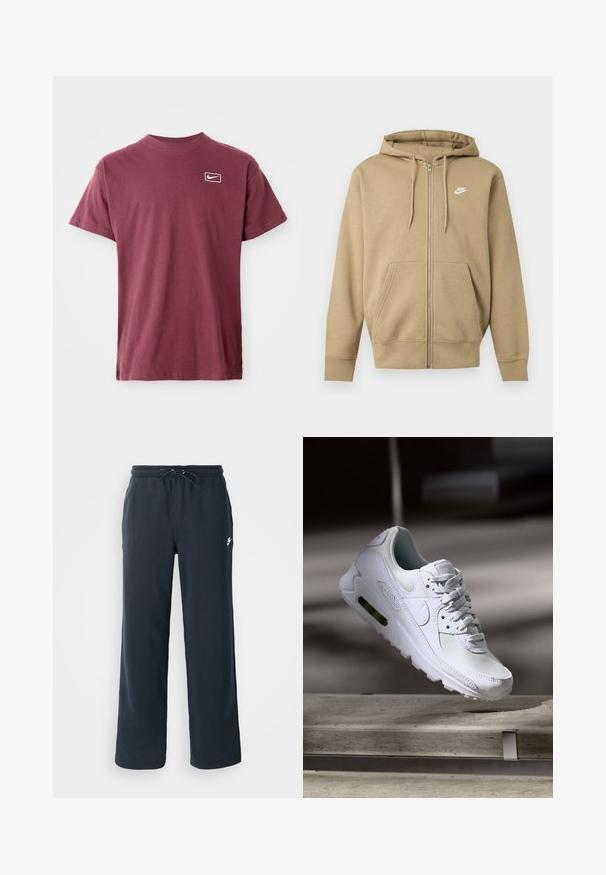Beige zip-up hoodie met voorzakken, verstelbare kap koorden en wit Nike-logo op de linkerborst.; Bordeaux kortemouwen T-shirt met ronde hals en een klein wit Nike swoosh-logo binnen een afgeronde rechthoek op de linkerborst.; Donkerblauwe joggingbroek met een elastische tailleband en een trekkoord. Gemaakt van zachte stof, met een klein wit logo op de linkerheup.; Witte Nike Air Max 90 sneaker met een bovenwerk van mesh en leer, een geperforeerde teenbox en een zichtbare luchtunit in de hiel.