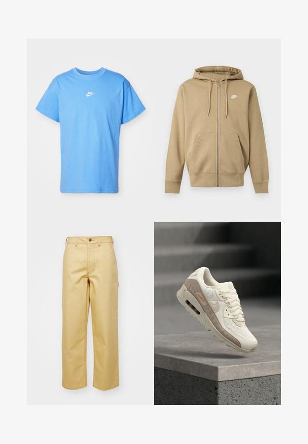 Beež värvi kapuutsiga lukuga dressipluus esitaskute, reguleeritavate kapuutsinarude ja valge Nike logoga vasakul rinnal.; Sinine puuvillane t-särk lühikeste varrukatega ja ümmarguse kaelusega; rinnal on valge Nike logo. Lihtne, sirge lõikega disain.; Beez, laiad säärega puuvillased püksid ees oleva nupuga kinnitusega, vöökohaga ja küljetaskutega. Sile tekstuur nähtava õmbluse detailidega.; Beeži ja valge tooniga sportlik toss, millel on võrkriidest ja nahast detailid, õhkpatjadega talla ning paelad, asetatud kaldu betoonserva.