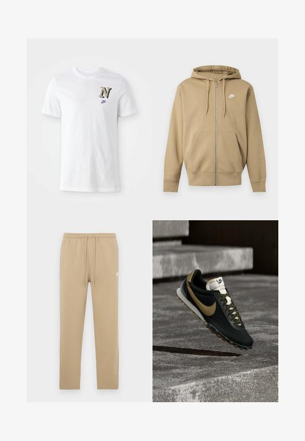 Beige zip-up hoodie met voorzakken, verstelbare kap koorden en wit Nike-logo op de linkerborst.; Witte katoenen t-shirt met een camouflagedessineerde "N" logo en een klein paars Nike swoosh op de borst. Klassiek ontwerp met een ronde hals.; Beige sweatpants met elastische tailleband en trekkoorden, met een klein wit Nike-logo op de bovenkant van de linker dij.; Zwart-gouden Nike hardloopschoen met een gestructureerde bovenkant en patroonveters, zwevend boven een ruwe betonnen ondergrond en trappen.
