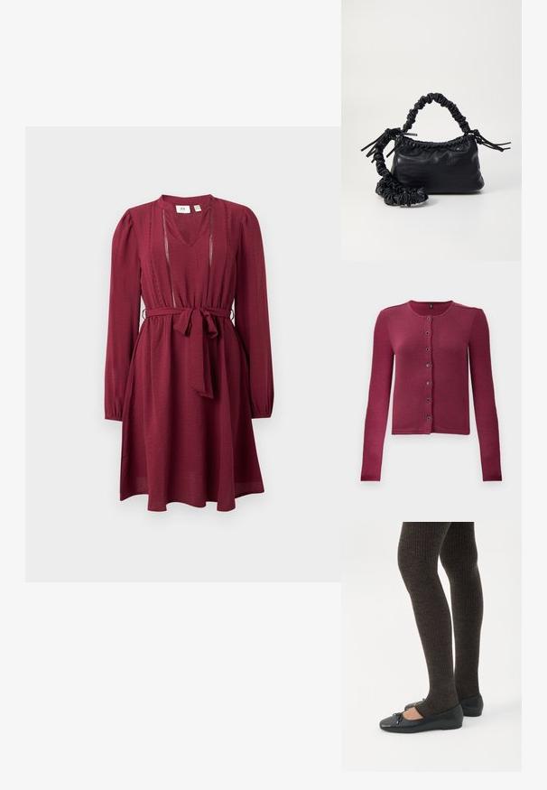 Ribbede langærmede knap-up cardigan i mørk pink med rund hals og syv sorte og sølv knapper ned langs fronten.; Bordeaux kjole med lange ærmer, V-hals, indsnævret talje og bælte; har delikat syning langs halsudskæringen. Glat stofstruktur.; Ben iført mørke ribbede leggings kombineret med sorte balletsko med små sløjfedetaljer på hvid baggrund.; Sort kunstlæder håndtaske med krokodilteksur, indsnøret top og en sammenkrøben rem. Ser blød og kompakt ud i designet.