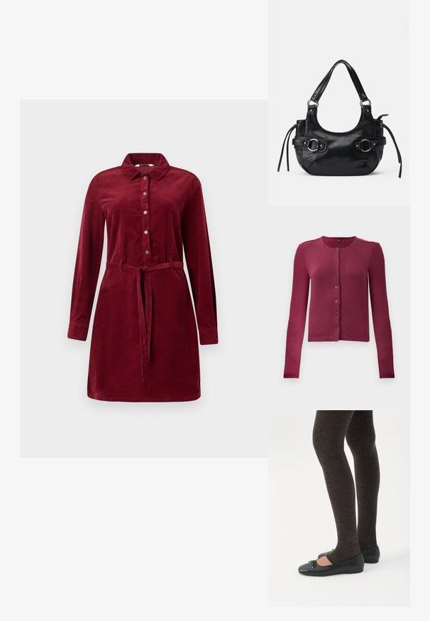 Geribde langwerpige button-up cardigan in donkerroze met ronde halslijn en zeven zwarte en zilveren knopen aan de voorkant.; Bordeaux corduroy jurk met lange mouwen, knopen aan de voorkant, kraag en tailleband. Voorzien van zijknopen en een licht uitlopende rok.; Benen met donkere geribbelde leggings gecombineerd met zwarte ballerina's met kleine strikdetails op een witte achtergrond.; Zwarte leren handtas met een afgeronde vorm, voorzien van twee zijgespen, een gladde textuur en een korte schouderband. Accenten zijn onder andere zijfranjes.