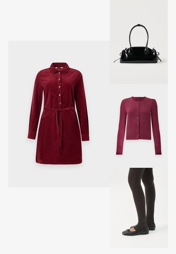 Geribde langwerpige button-up cardigan in donkerroze met ronde halslijn en zeven zwarte en zilveren knopen aan de voorkant.; Bordeaux corduroy jurk met lange mouwen, knopen aan de voorkant, kraag en tailleband. Voorzien van zijknopen en een licht uitlopende rok.; Benen met donkere geribbelde leggings gecombineerd met zwarte ballerina's met kleine strikdetails op een witte achtergrond.; Kleine zwarte glanzende handtas met twee lange hengsels en zijkant trekkoord details op een effen lichte achtergrond.