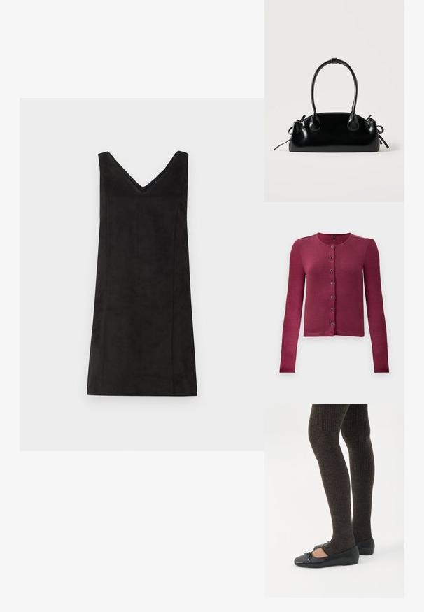 Cárdigan de botones de manga larga con relieve en rosa oscuro, con cuello redondo y siete botones negros y plateados en la parte delantera.; Vestido negro sin mangas con escote en V, hecho de un material suave, con corte recto y detalles mínimos. Textura suave.; Piernas con leggings oscuros acanalados combinados con bailarinas negras que presentan pequeños detalles de lazo sobre un fondo blanco.; Pequeño bolso negro brillante con dos asas largas y detalles de cordón lateral sobre un fondo claro liso.